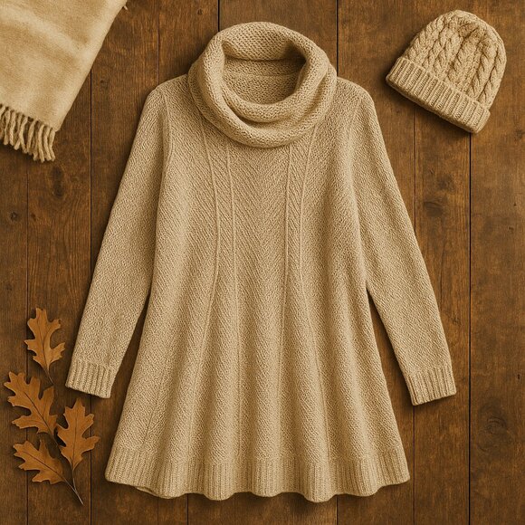 Jeanne Pierre 100% Cotton Cowl Neck Sweater XL Beige Textured Knit Tunic - Picture 1 of 14